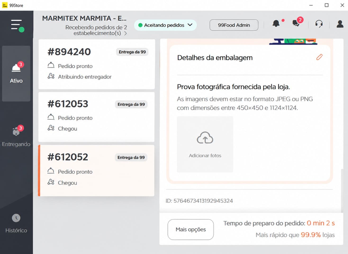 Painel da 99Food mostrando tempo de preparo 0s e 99.9% mais rápido